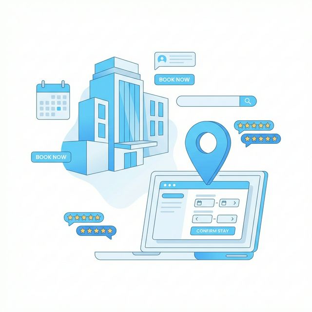 Hospitality digital marketing illustration with hotel booking interface